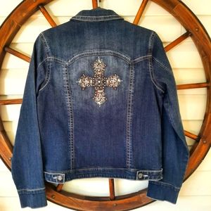 Women's Reba Cross Distressed Denim Jean Cowgirl Jacket Medium